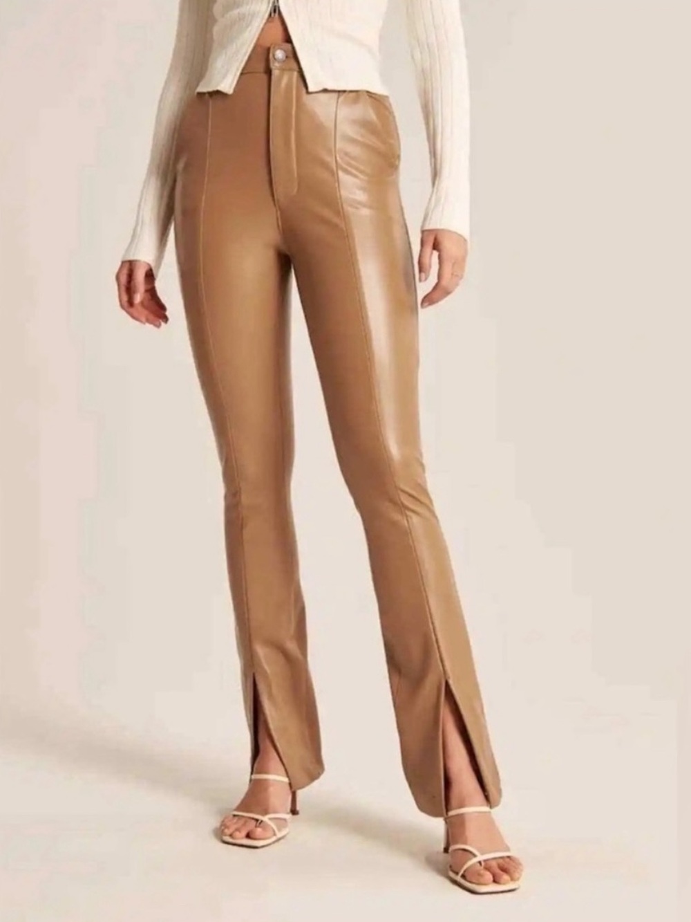 Abercrombie & Fitch Skinny Ultra High Rise Tan Faux Leather Split Leg Pants